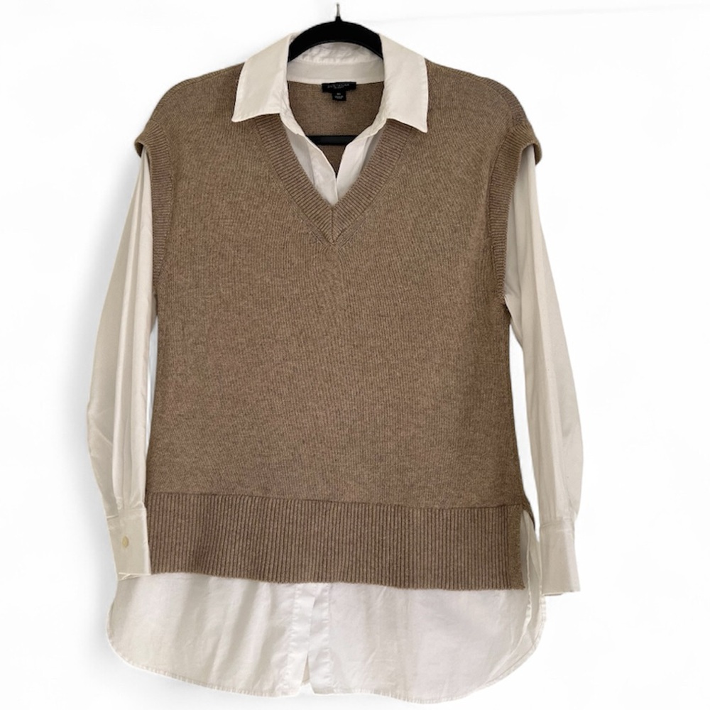 Ann Taylor Faux Layered Y2K Tan Sweater Vest with White‎ shirt, XS